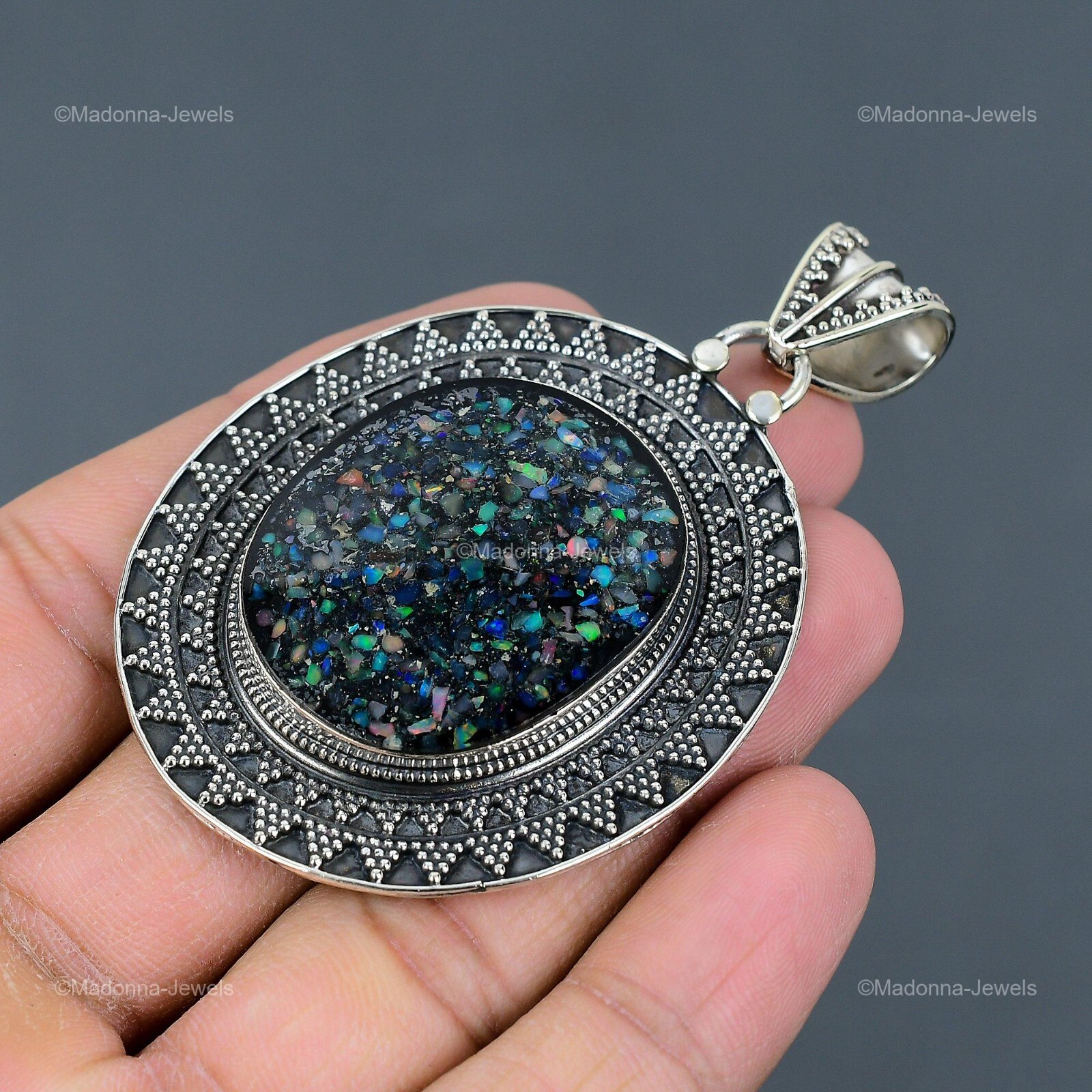 Black Ethiopian Opal Stone Handcrafted Vintage Pendant Jewelry Sterling Silver