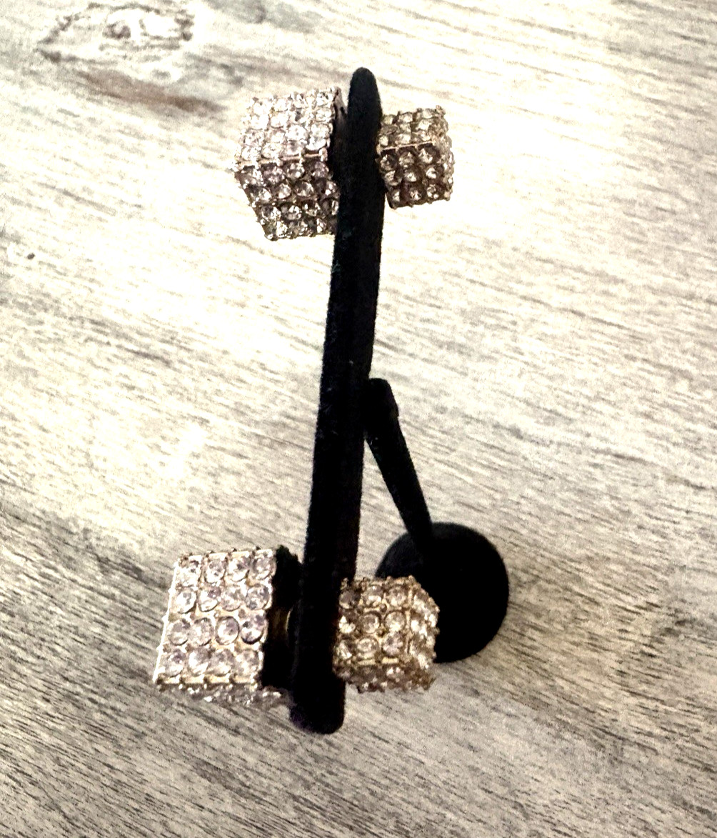 FRONT BACK Stud Earrings Square Cube CZ Pave Gold Tone NWOT