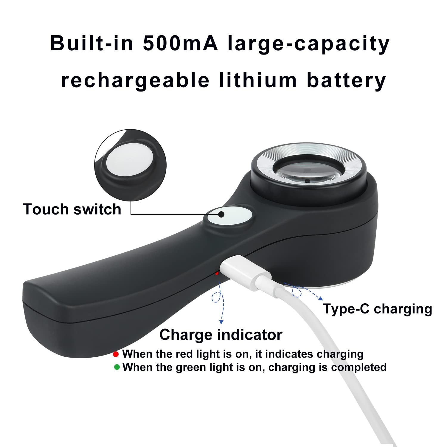 10X Handheld Jewelers Loupe Magnifier with USB Rechargeable Light & Scale, UV/LE