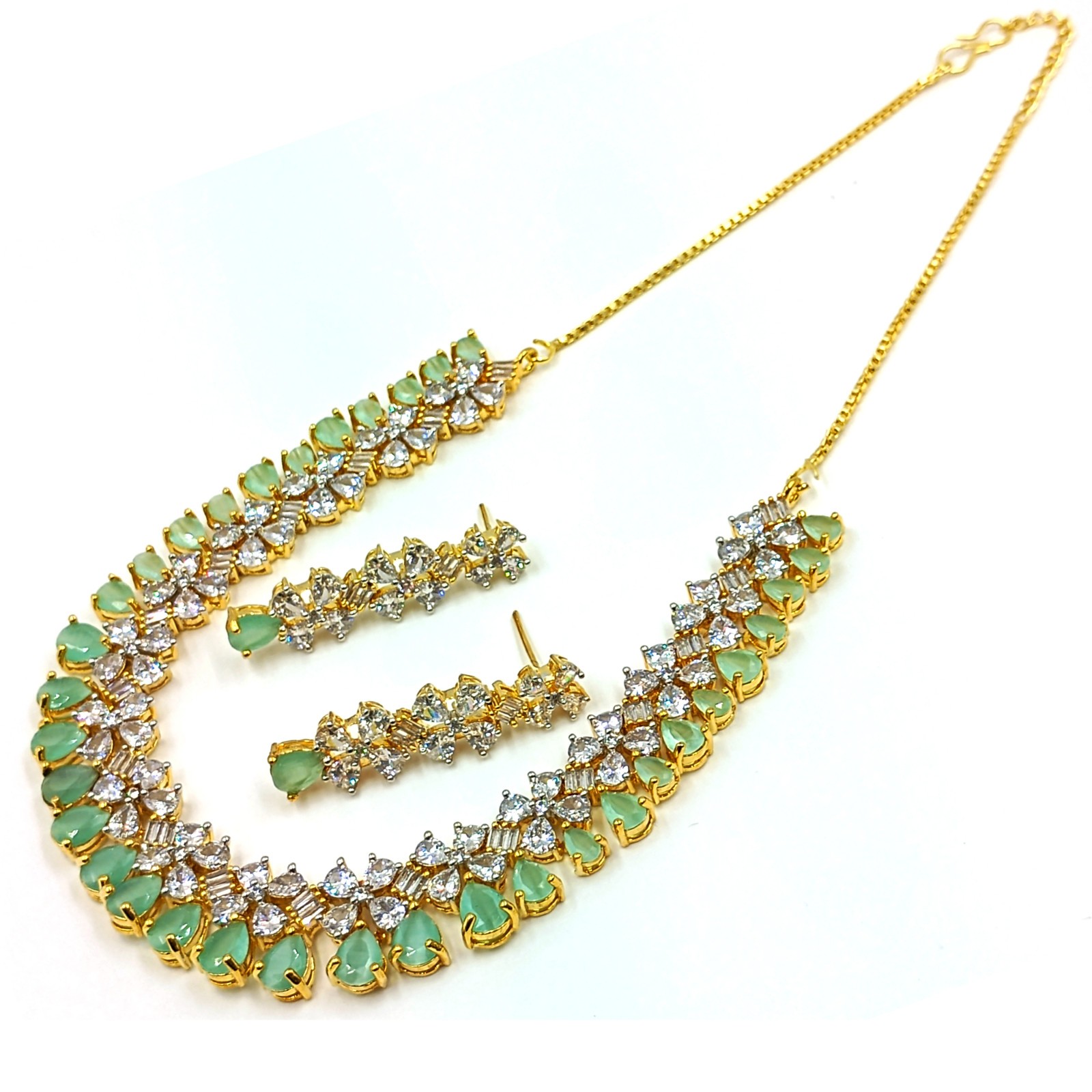 Designer Chalcedony CZ Diamond Gold Plated Necklace Set Bridal Jewelry For Women