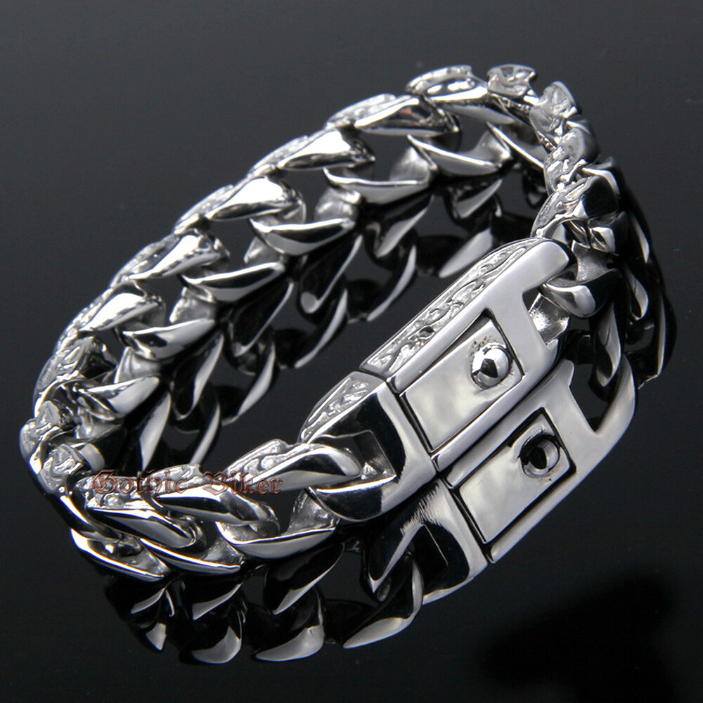 Men’s Stainless Steel Bracelet Cuban Carved Curb Link Chain Silver Tone 7.5-8.7″