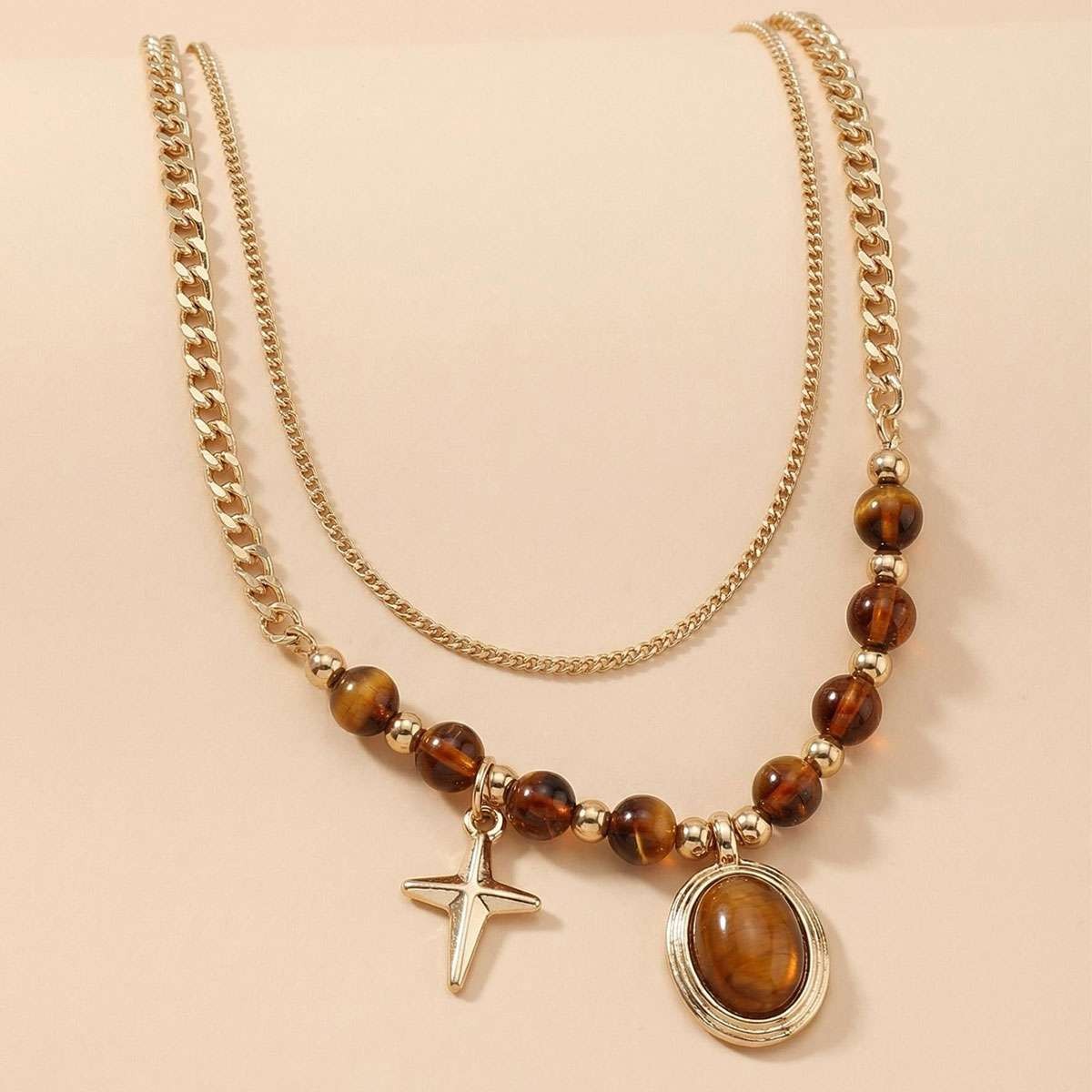 Tiger eye Beaded Necklace Healing Protection Handmade Women Double Pedant Stone