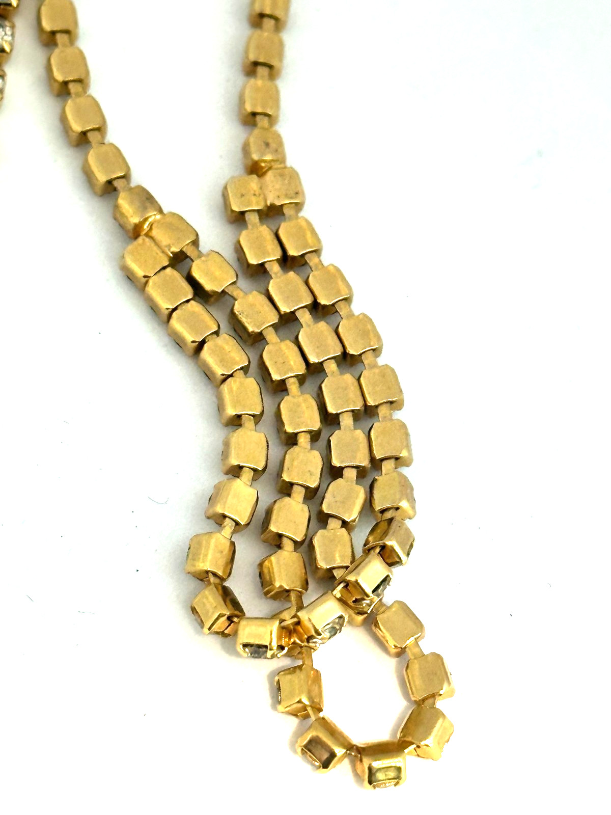 Vintage Clear Rhinestone Tennis Necklace Gold Tone Choker Cup Chain