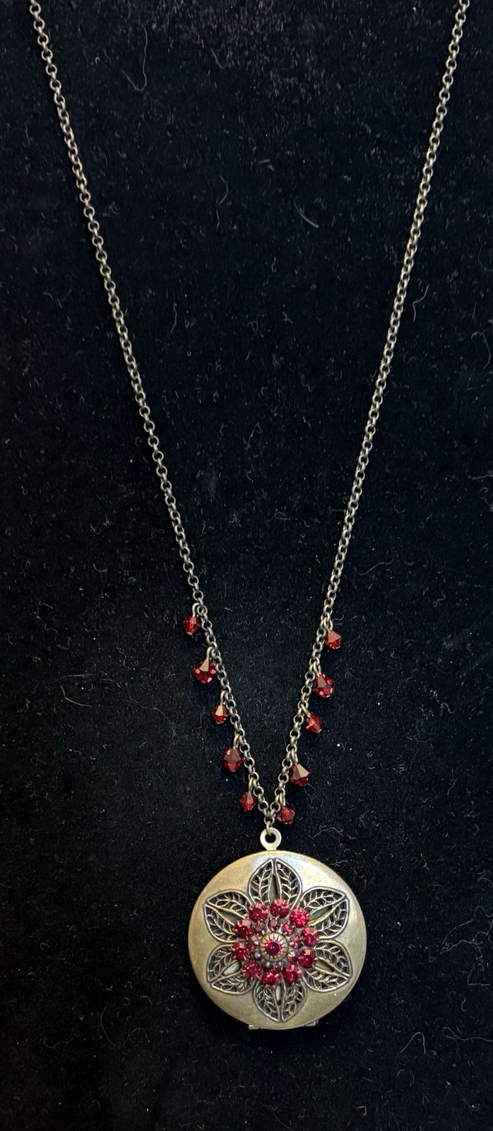 Liz Palacios SF Perfume Locket Necklace Brass Red Jeweled Filigree Scent Pendant