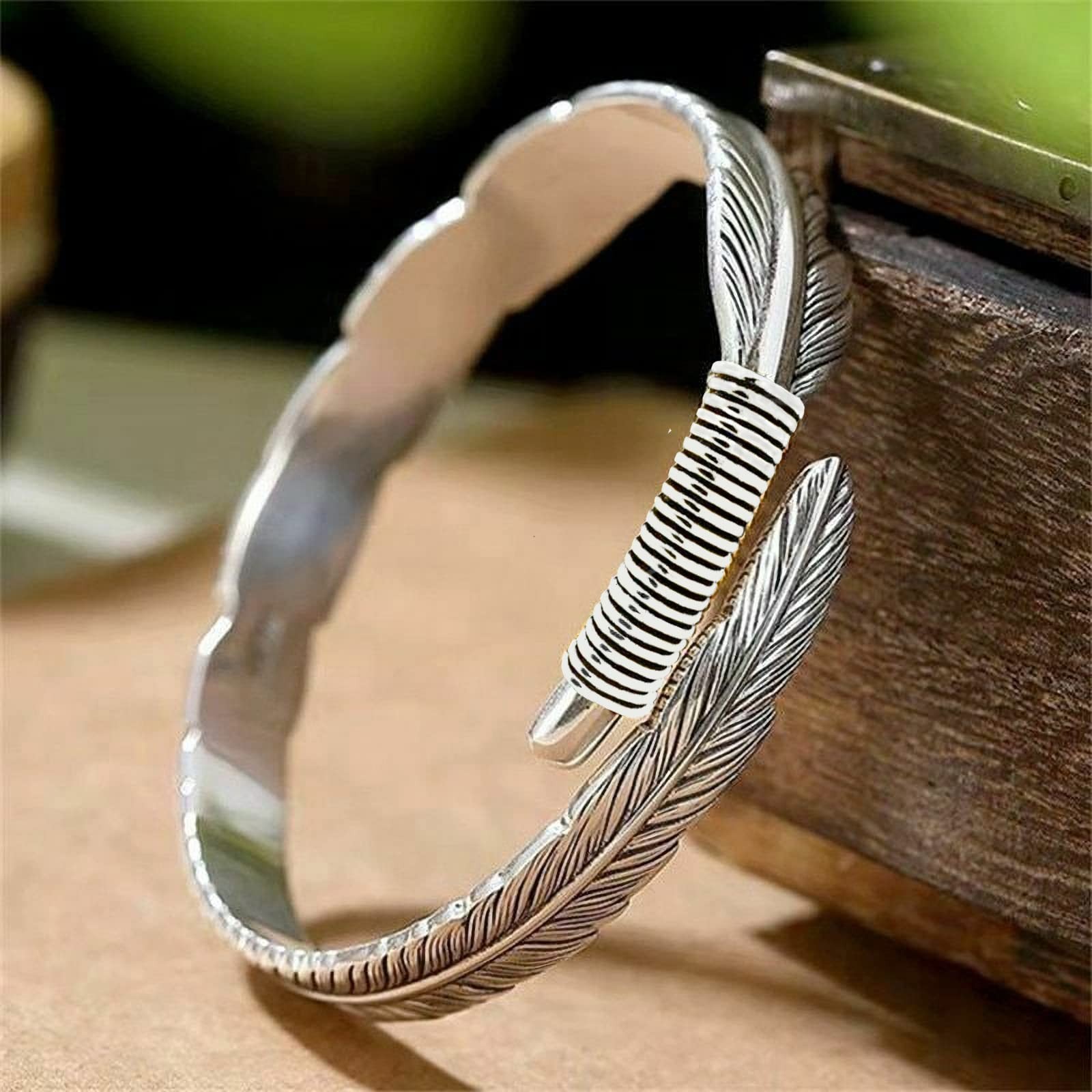 Silver Feather Bracelet Lucky Hope Cuff Jewelry Simple Retro For Women Men (Styl
