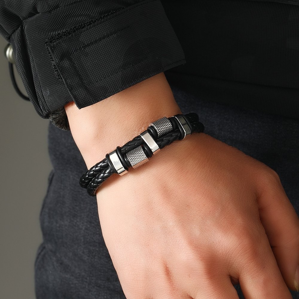 Men’s Stainless Steel Genuine Leather Bracelet Strength Fashion Bangle Wrap USA