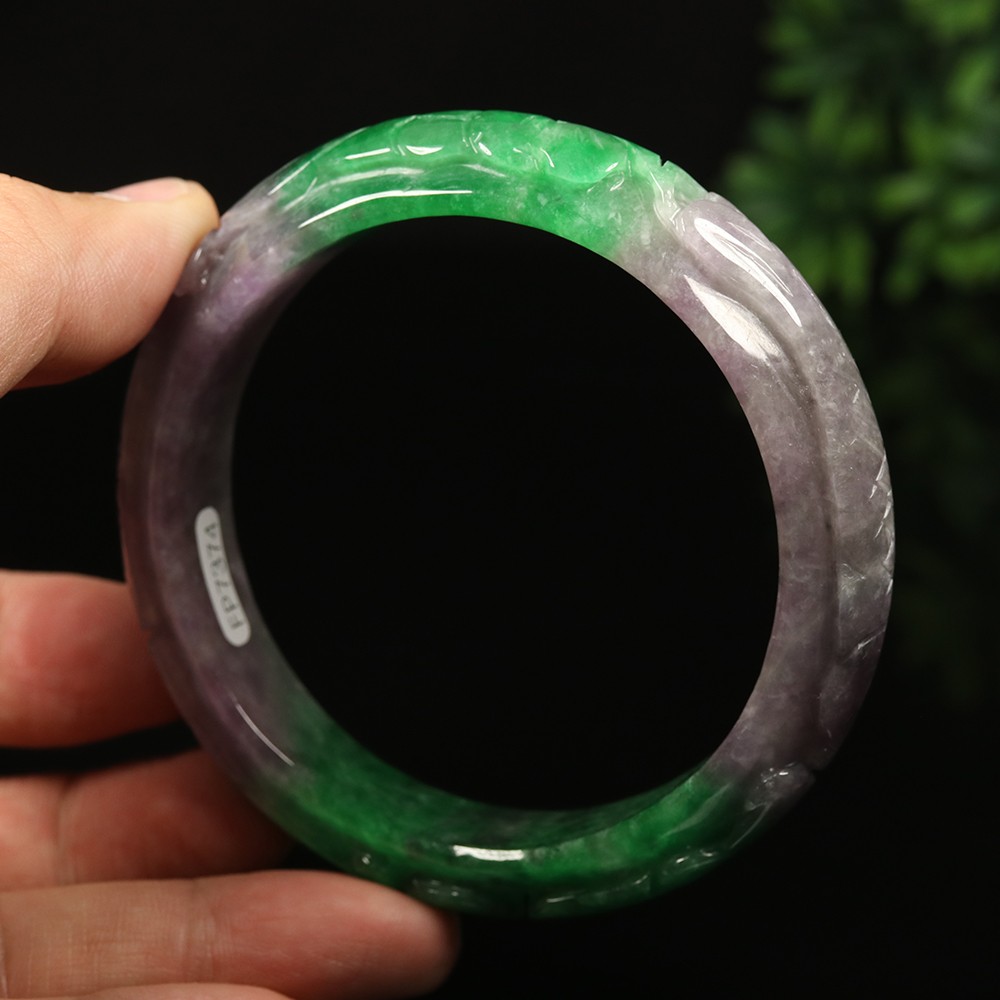 64mm Lavender Purple Green Jadeite Jade Bangle Bracelet Bat Ruyi Fish A-14801