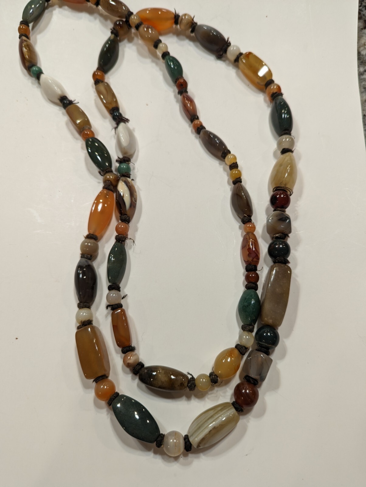 Semi Precious Polished Agate 54″ Necklace Hand Knotted Southeast Asia VNTG 1960s