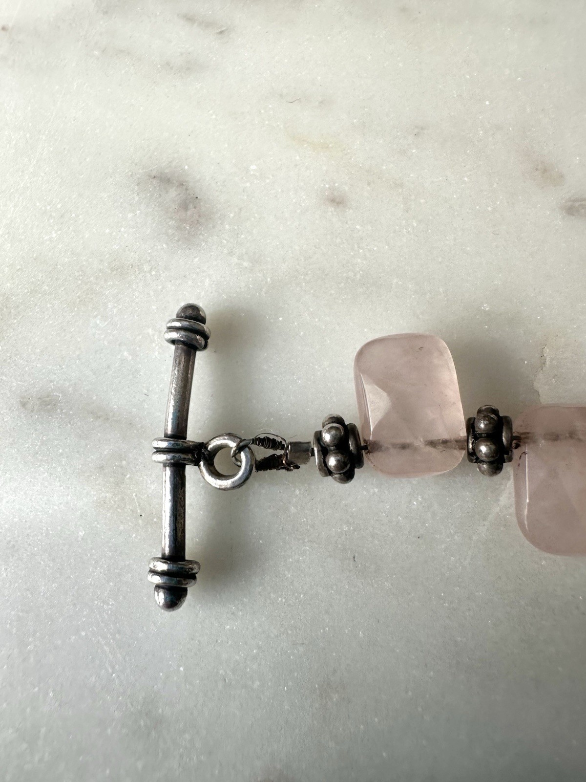 Natural Rose Quartz Nugget Bracelet Heart Toggle Clasp Silver Tone 7.5”