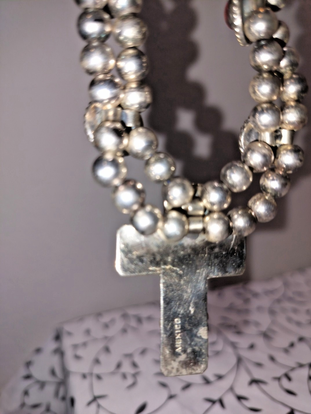 Silver Tone Cross Necklace Mexico Black Glass Cabochon Beaded Chain 20.5in