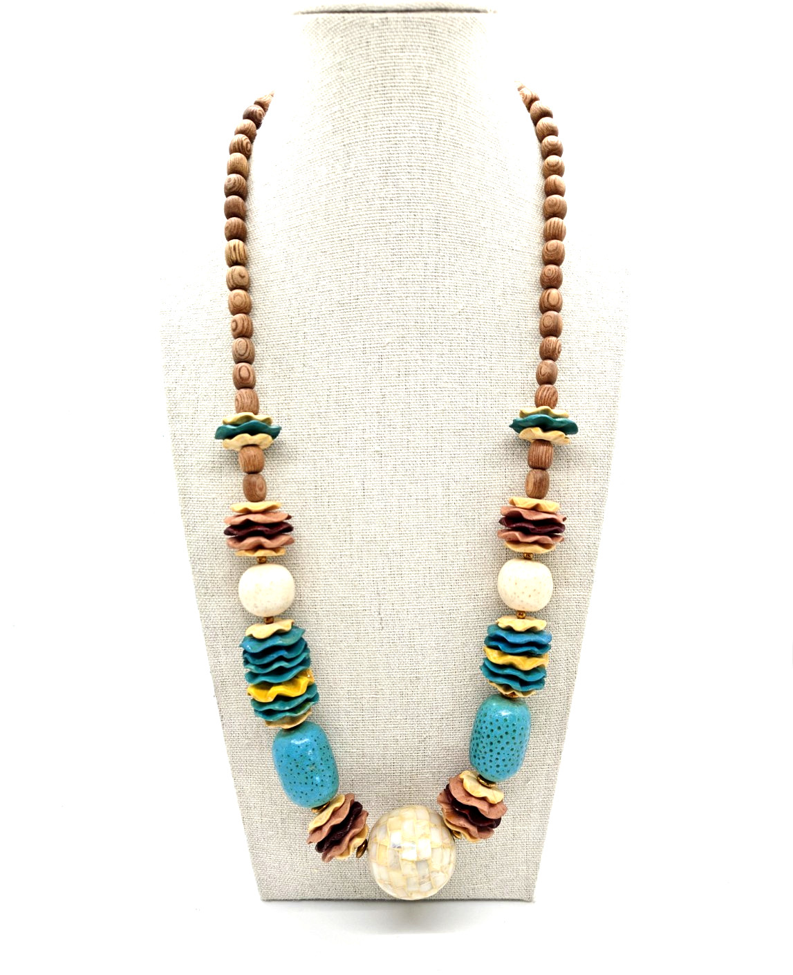 Wooden Boho Necklace Mother Of Pearl Bead Blue Yellow Pink Brown Colorful