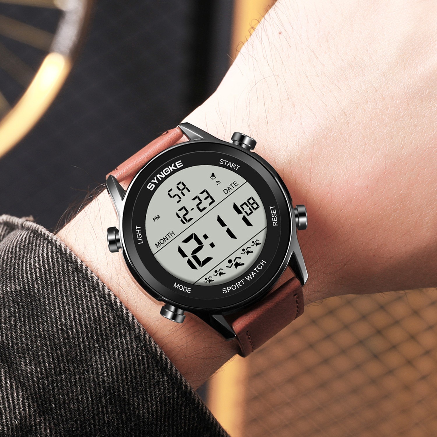 Mens Digital Sport Watch Leather Strap Electrical Wristwatch 50M Waterproof Gift