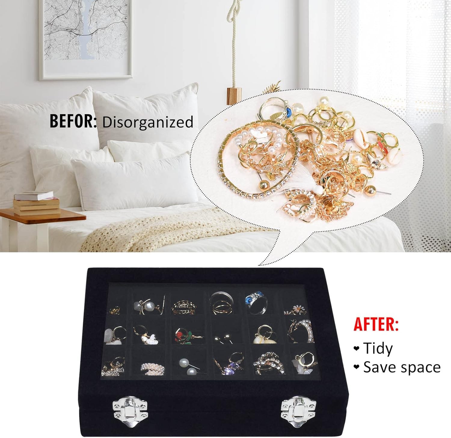 Velvet Jewelry Box 24 Grid Jewelry Ring Display Organiser Box Tray Holder