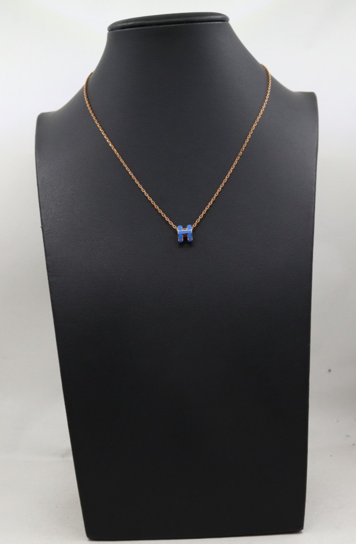 Hermes Mini Pop H Rose Gold Tone & Blue Enamel Pendant Necklace 16″