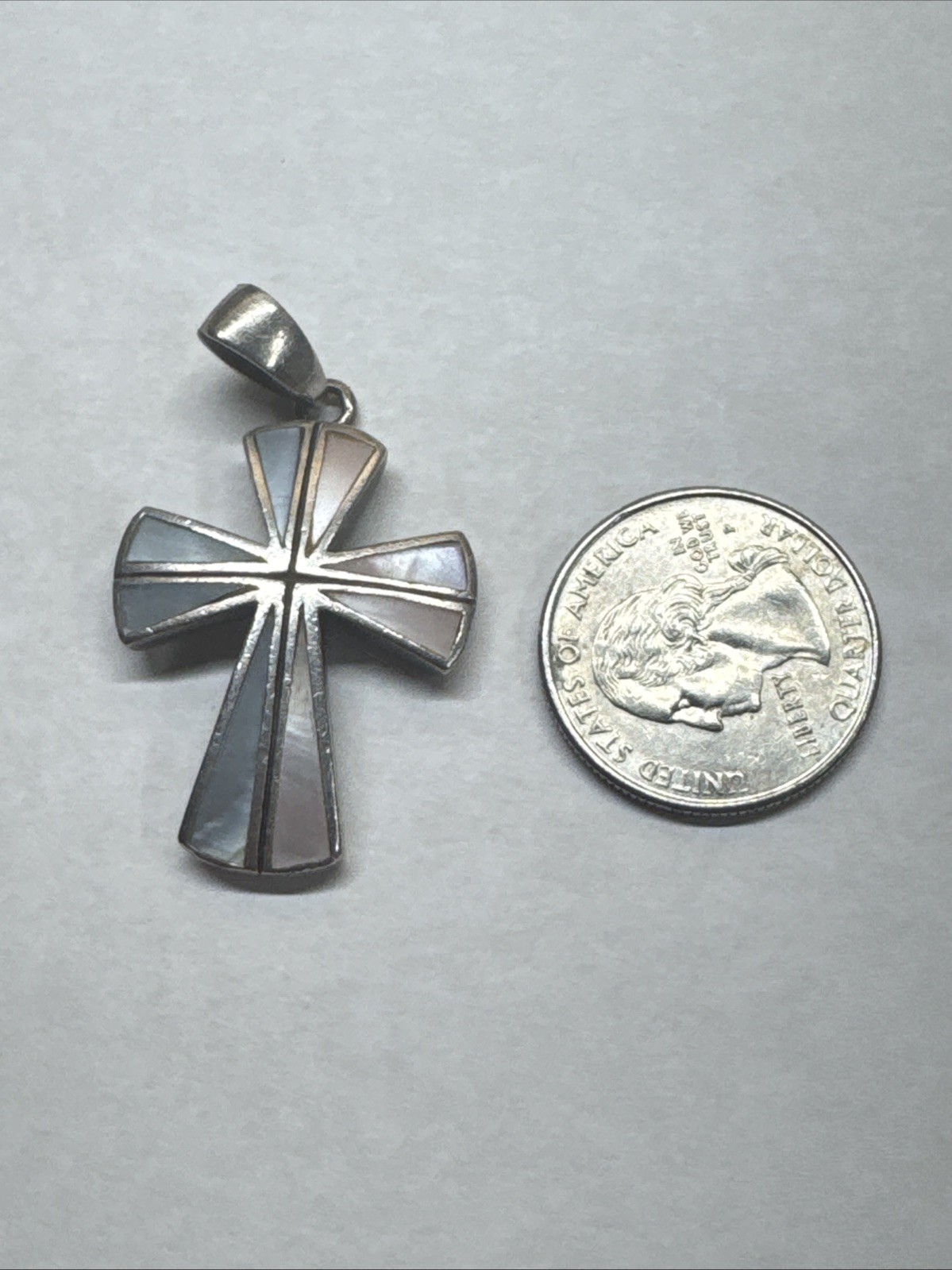 Ankh Genuine Pink and Blue Mother of Pearl Cross 925 Sterling Silver Pendant