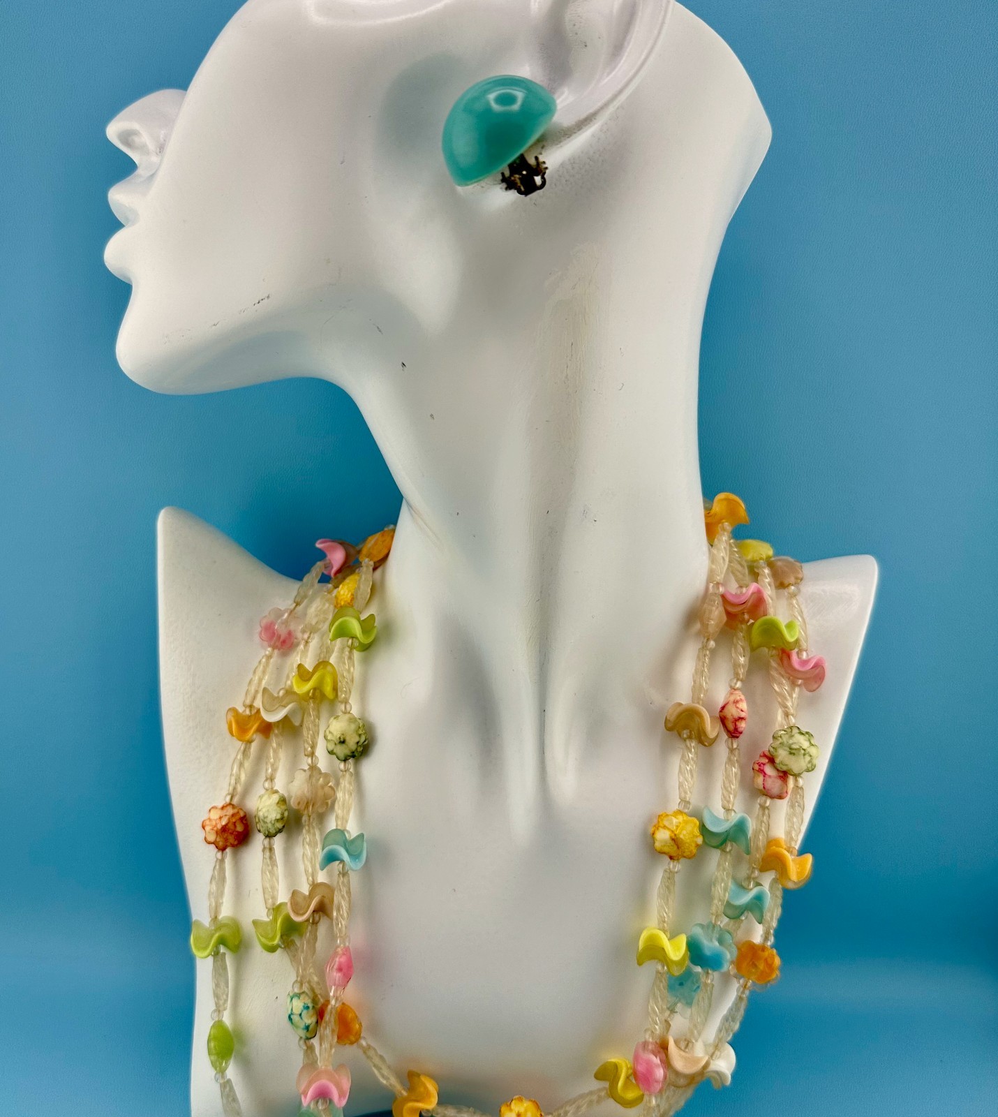 Vintage Plastic Flower Ruffle Bead Multi Strand Necklace Earrings Pastel Colors
