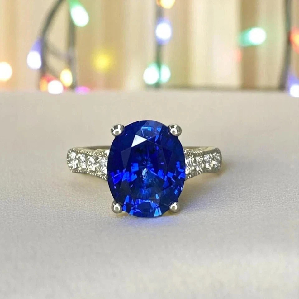 3.29 Ct Oval Cut Blue Sapphire Diamond Wedding Ring 14K Solid White Gold