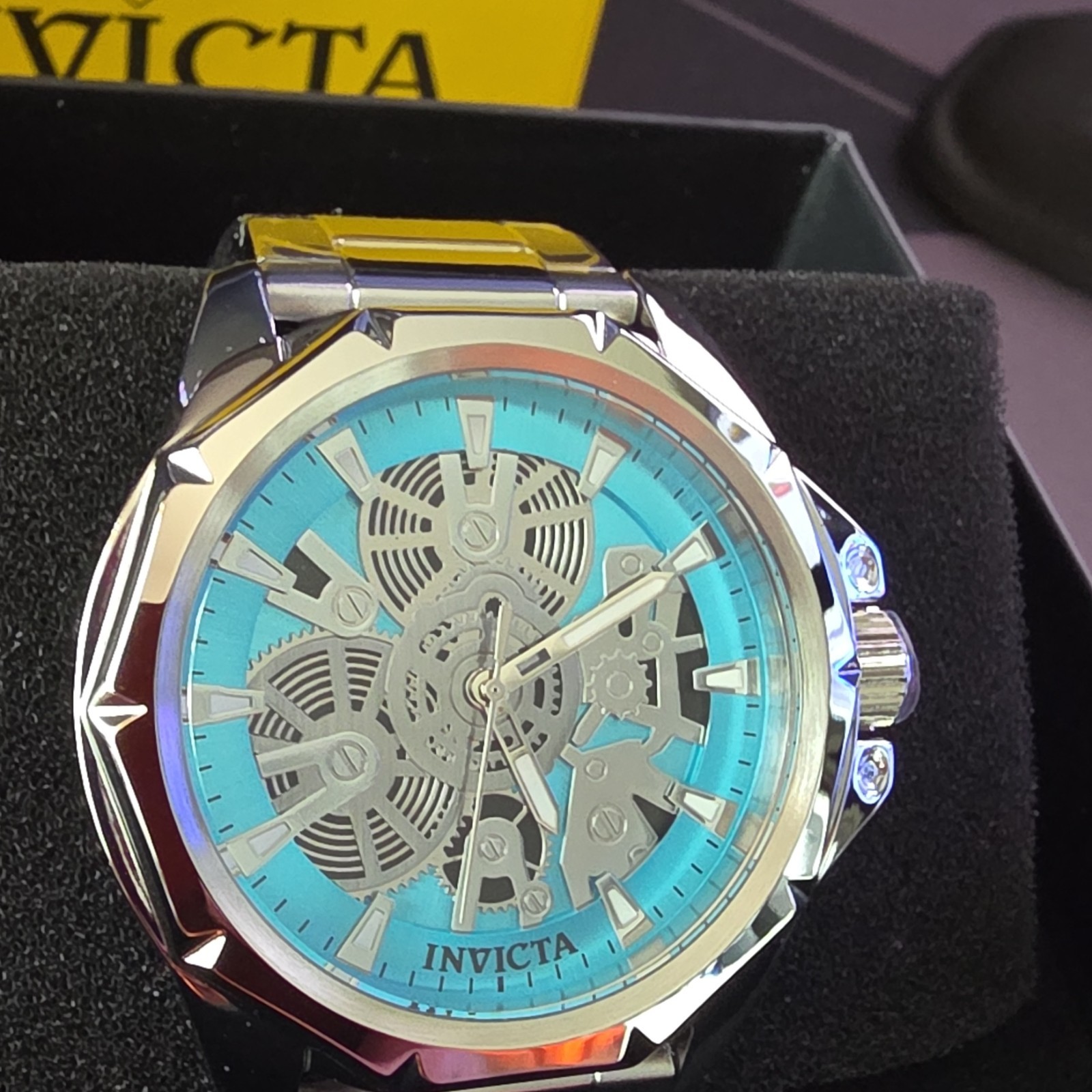 Invicta Men’s Analog Skeleton Dial Tiffany Blue SS Bracelet Watch w/ Box