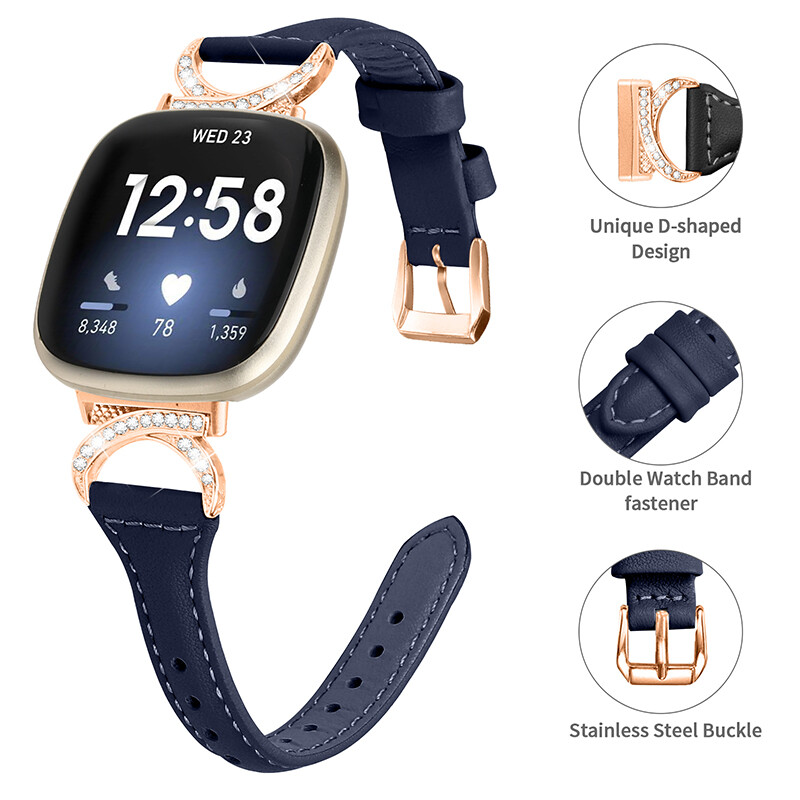 For Fitbit Versa 3/4 Sense/2 Luxury Bling Rhinestone Bracelet Leather Band Strap