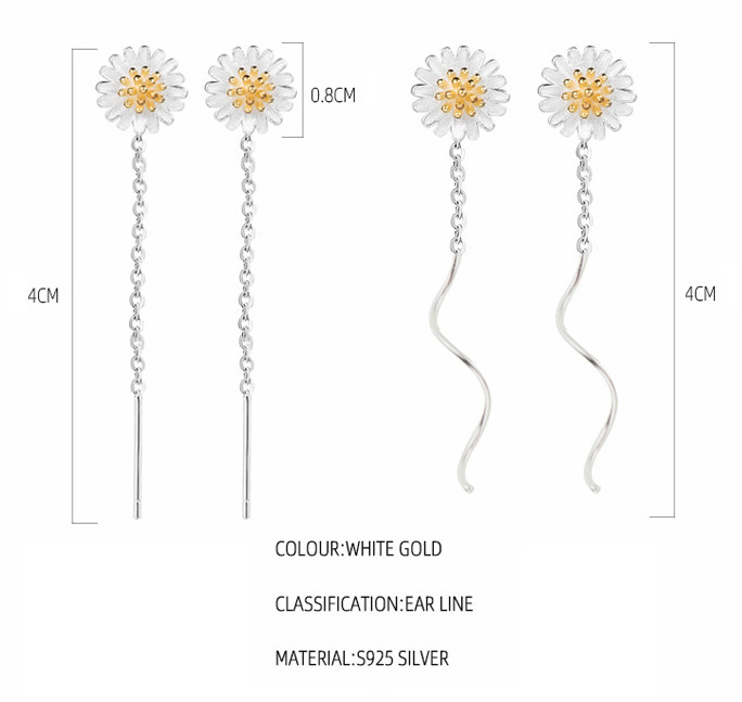 Sterling Silver Sun Flower Daisy Pull Through Wave Threader Stud Earrings PE47