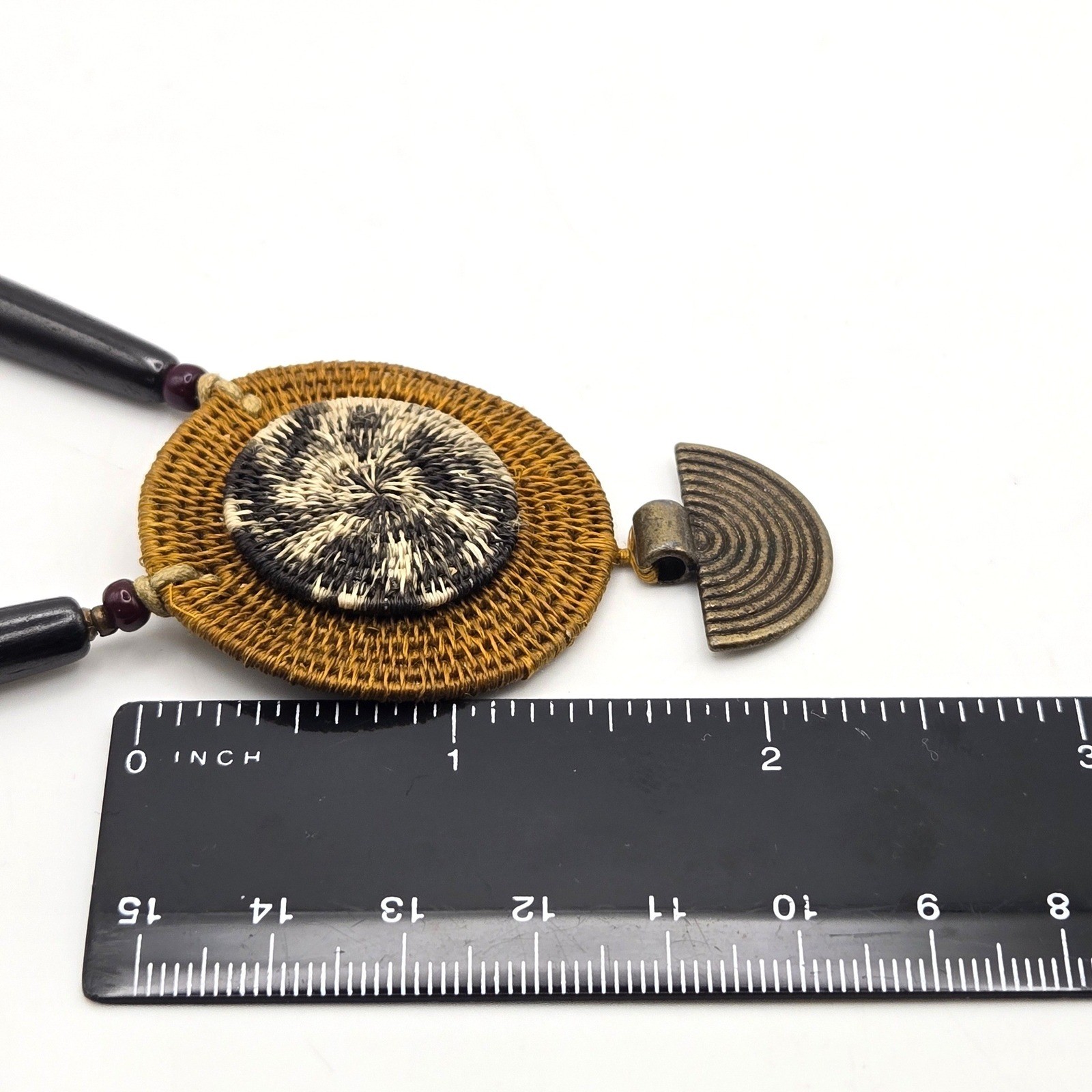 Artisan Woven Raffia Pendant Necklace Boho Tribal Mixed Media Brass Bovine Bone
