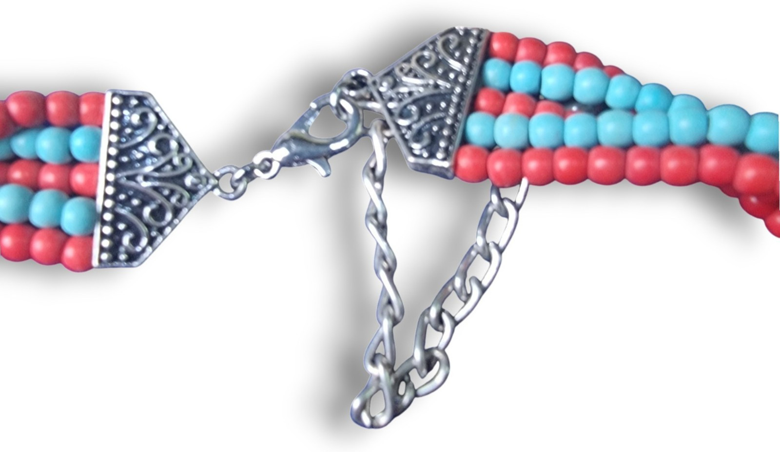 Boho Multi Strand Beaded Statement Necklace Silver Tone Red Faux Turquoise