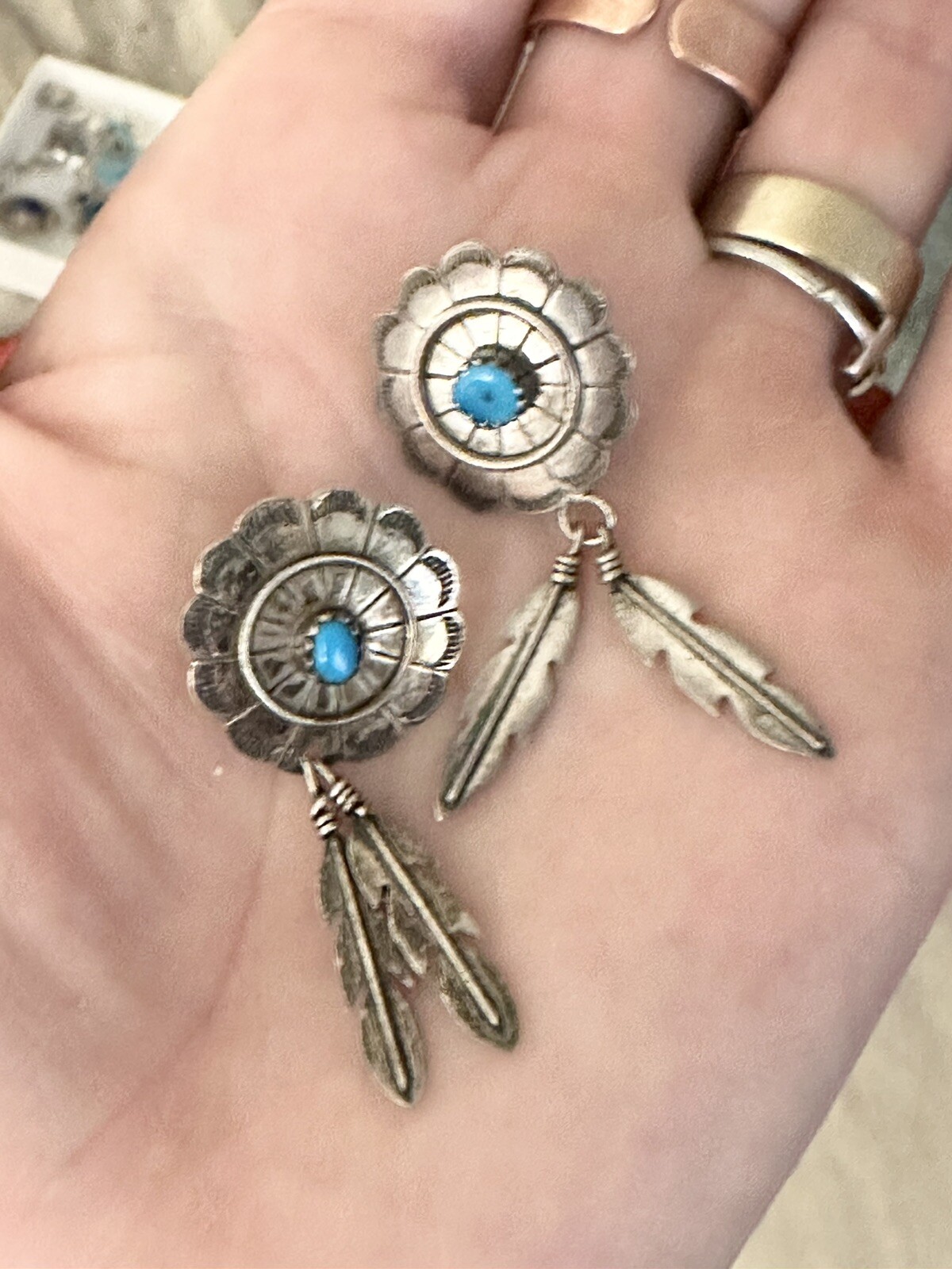 Vintage Roger Skeet Native American 925 Silver Turquoise Feather Dangle Earrings