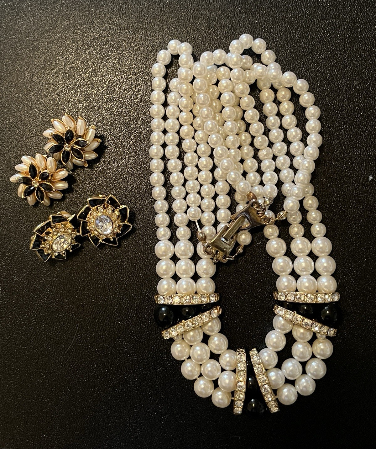 Multi-Strand Faux Pearl Necklace & Clip-On Earrings Set Rhinestone Black/White