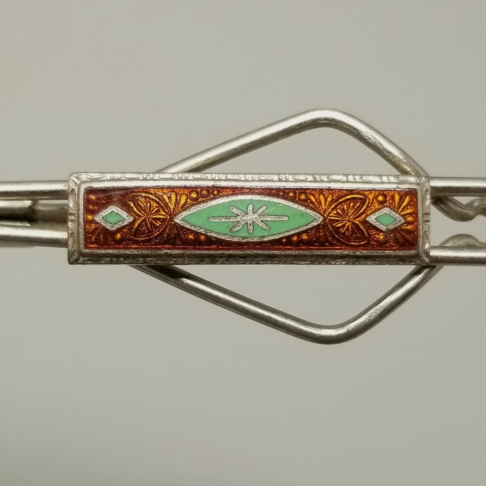 Vintage Orange Green Enamel Tie Bar Clip Silver Tone Retro Unsigned