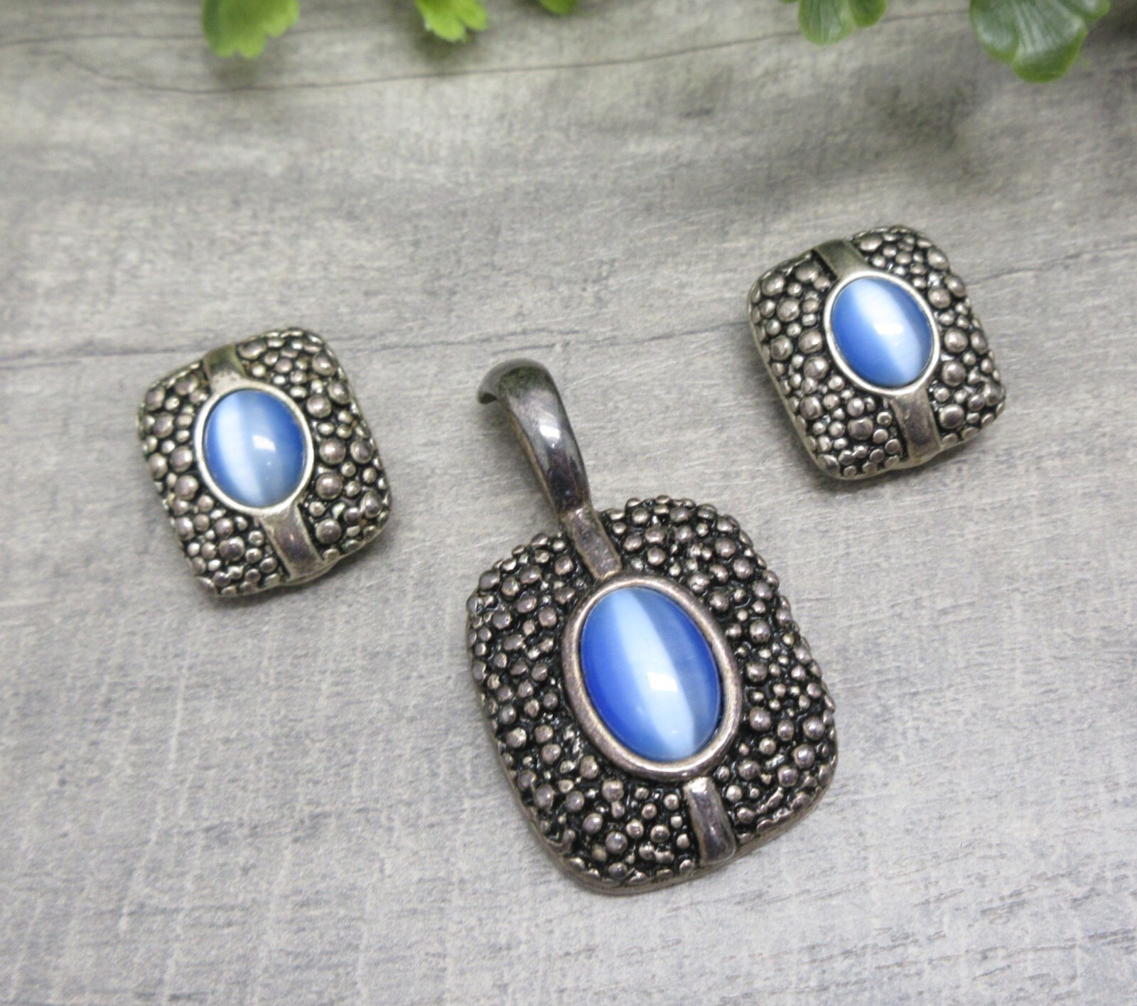Premier Designs Jewelry Set Pendant & Clip Earrings Silver Blue Oval Tigers Eye