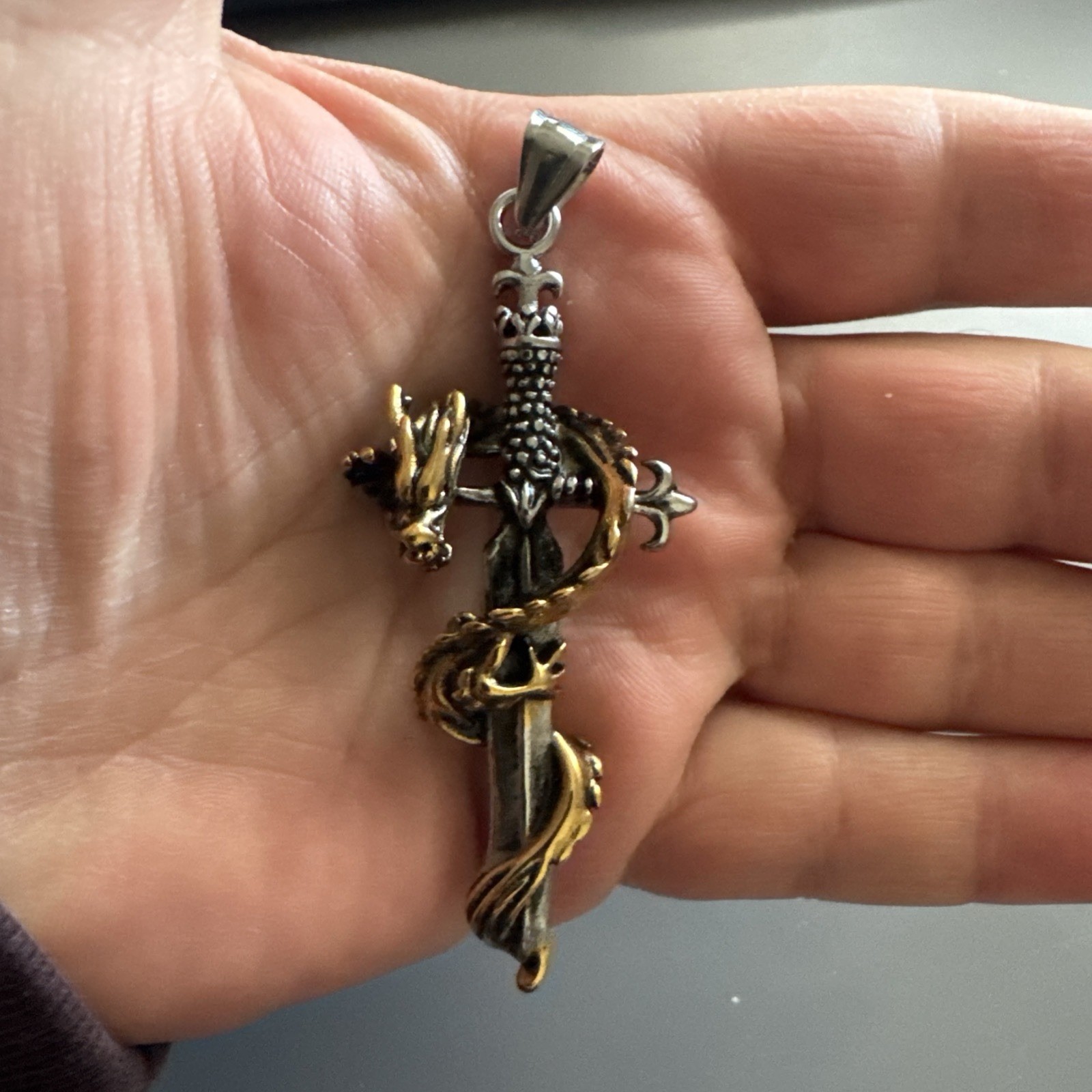 Dagger Sword Dragon Pendant 24” Chain Stainless Steel Viking Gothic Gift Vintage