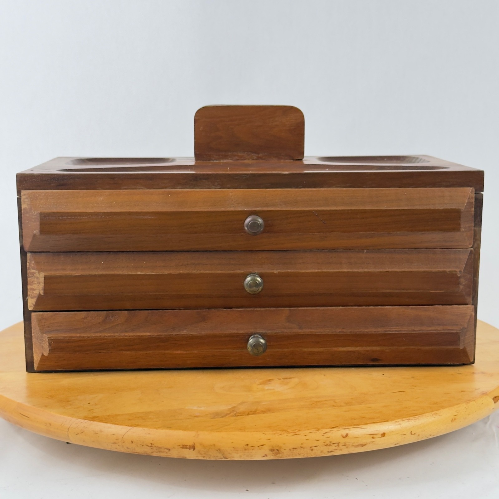 Mid Century Walnut Wood Desk Organizer Jewelry Desk Valet Box w Drawers Catchall