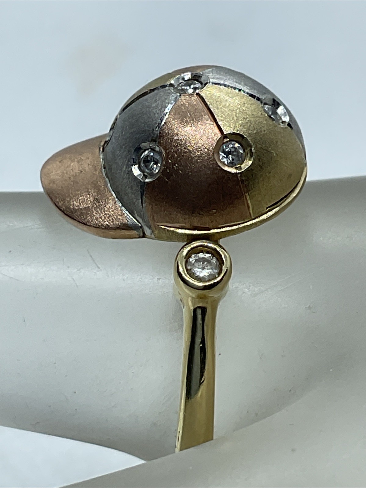 HANDMADE Solid 14K Tricolor Gold White CZ DOME Style ROTATING BASEBALL CAP Ring