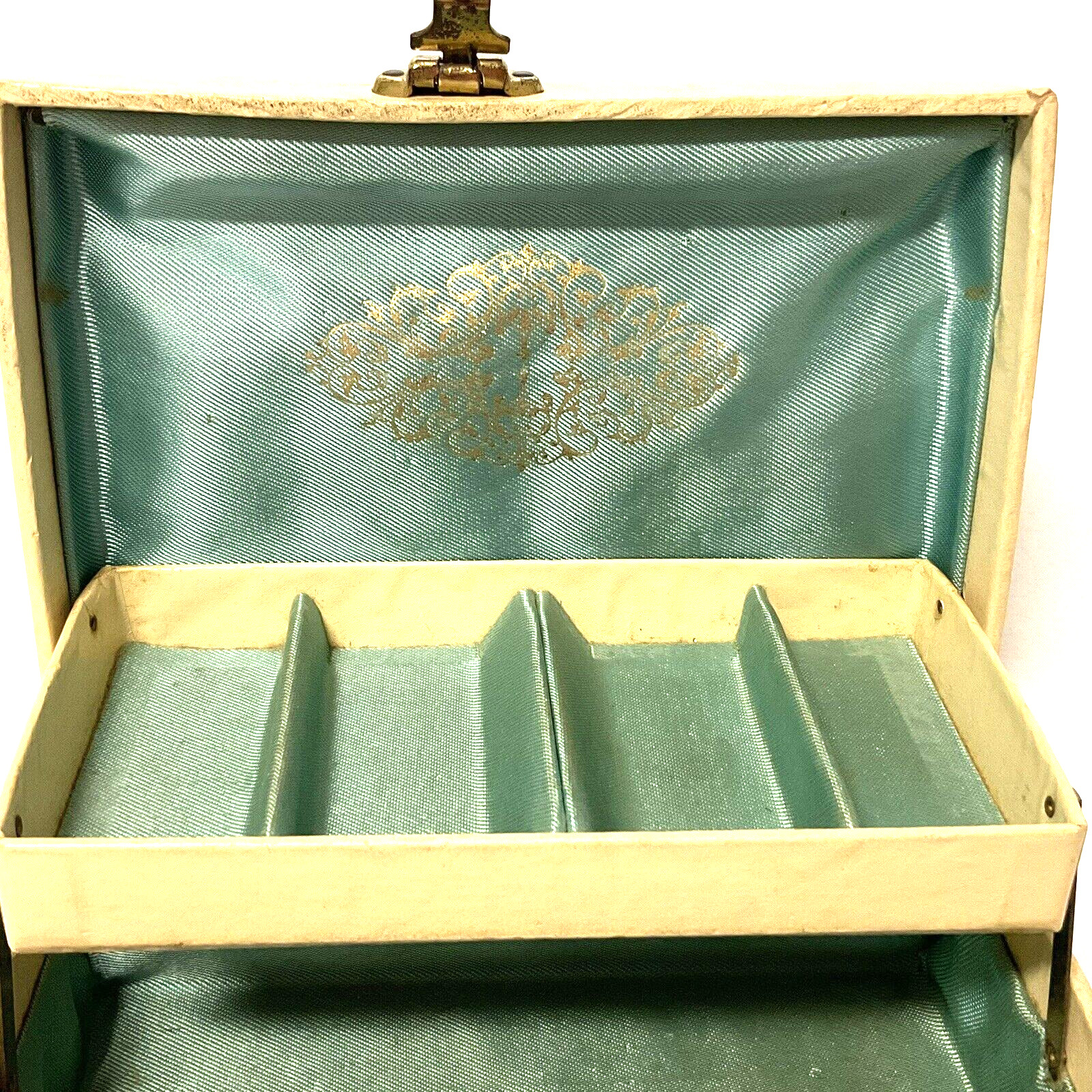 Vintage MCM 2 Level Beige/Gold Jewelry Box Sage Green Interior Flip Lock No Key