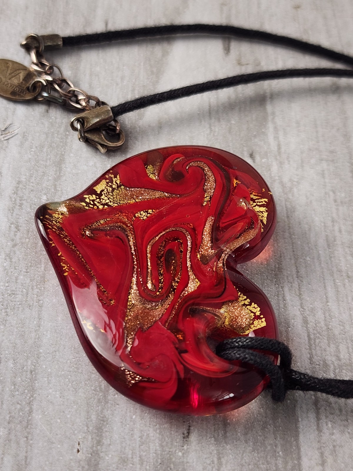 Authentic Venetiaurum Murano Glass Red Gold Swirl Heart Pendant Necklace 925 SS