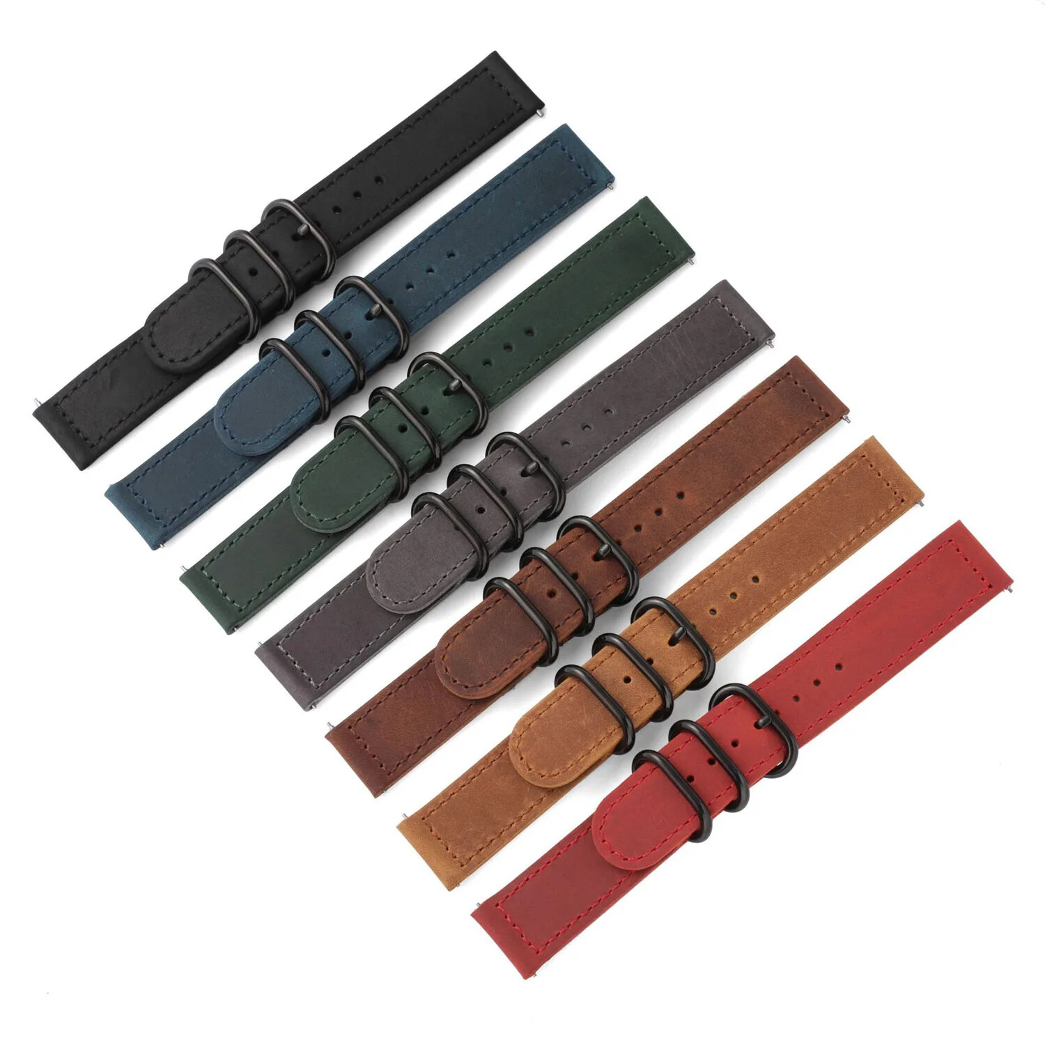 Vintage Genuine Leather Watch Band 18mm 20mm 22mm Black Loop Buckle Watch Strap