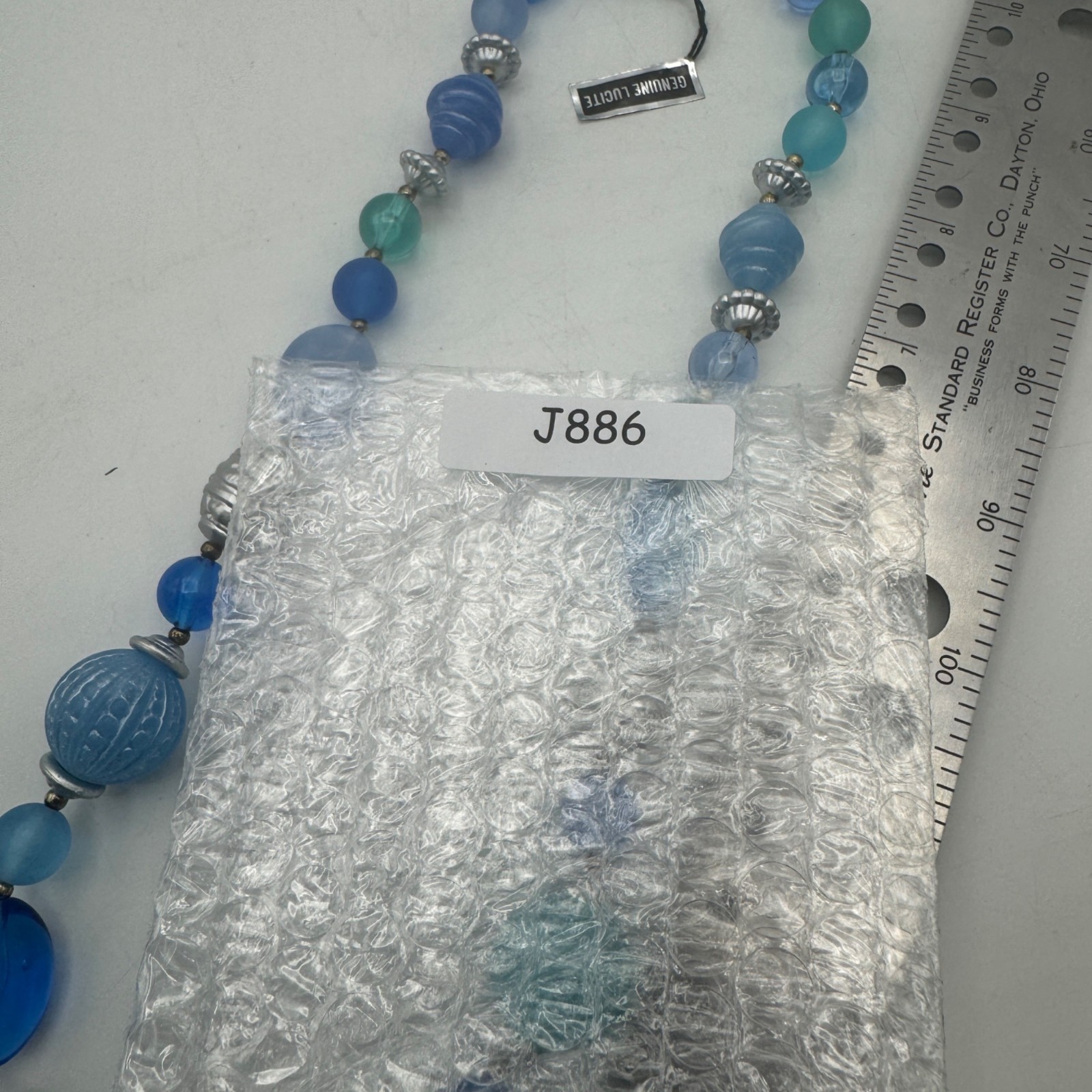 Genuine Lucite Beaded Necklace Gradient Blue Green Multi Shape Silver Accents