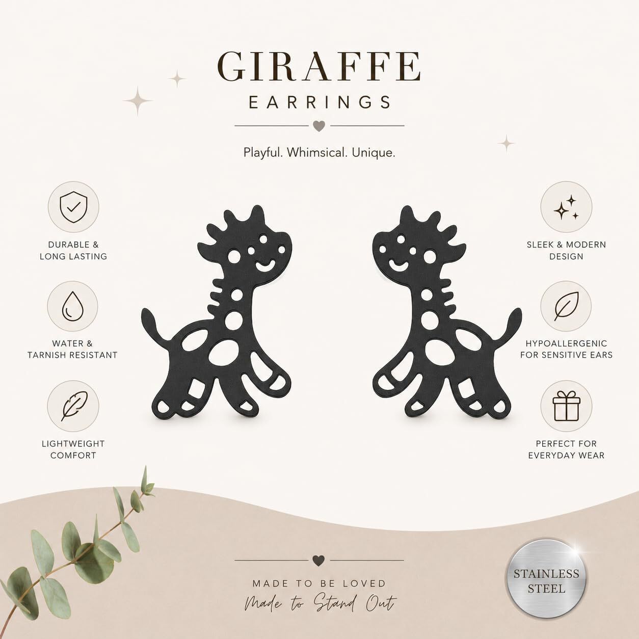 SUPAC Giraffe Stud Earrings – Black, Silver, Rose Gold, Gold