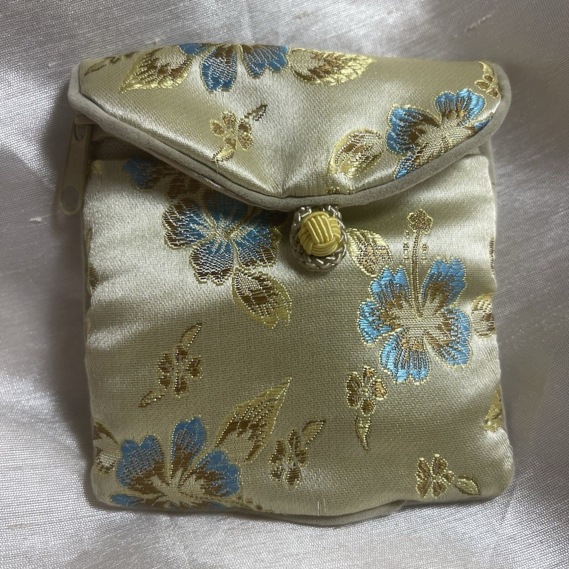 Vintage Honora Collection Silk Jewelry Pouch Gold Blue Floral Brocade Purse