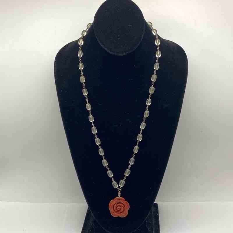 Vintage 900 Silver Carved Coral Rose Pendant Clear Bead Necklace 24″ 42.8g