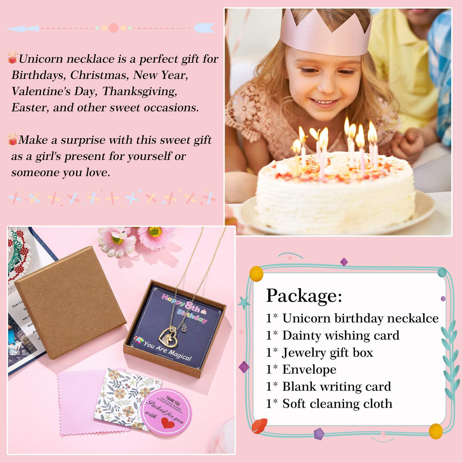 Turandoss Gold Heart Zircon Unicorn Necklace for Kids 3-8 Year Old, 18+2.5In