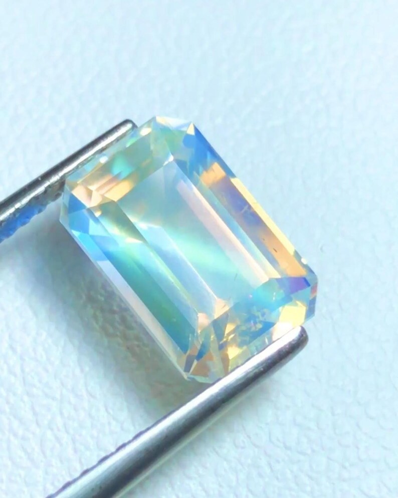 Natural Rainbow Moonstone Emerald Cut Loose Gemstone From Madagascar 3.29 Ct