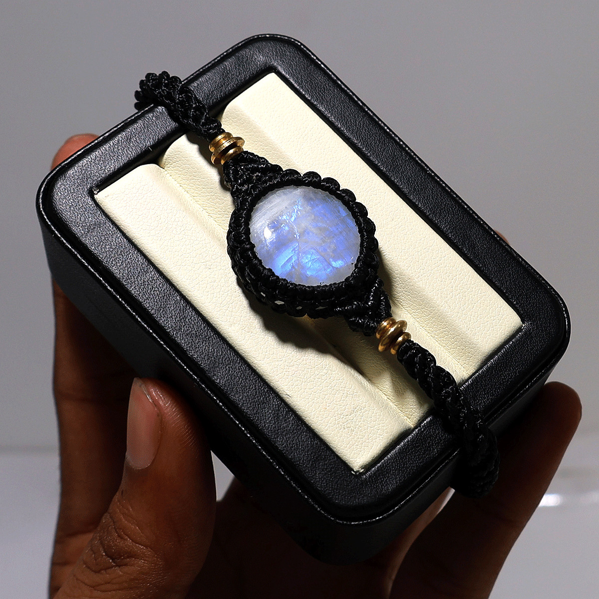 Blue Fire Rainbow Moonstone Macramé Bracelet – Handmade Lunar Glow Wrist Jewelry