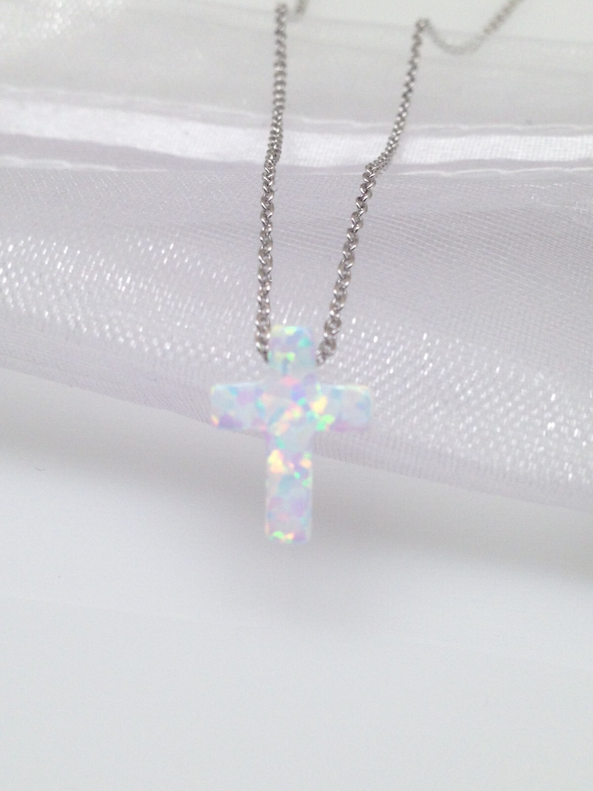 White Opal Cross Necklace 925 Sterling Silver Womens Girls 12mm 17.75″ Simulated