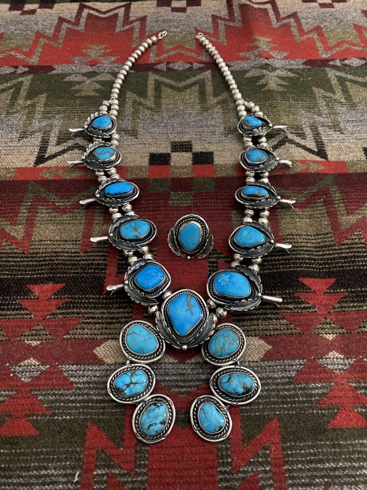 Turquoise Squash Blossom Necklace Vintage Sterling 275g