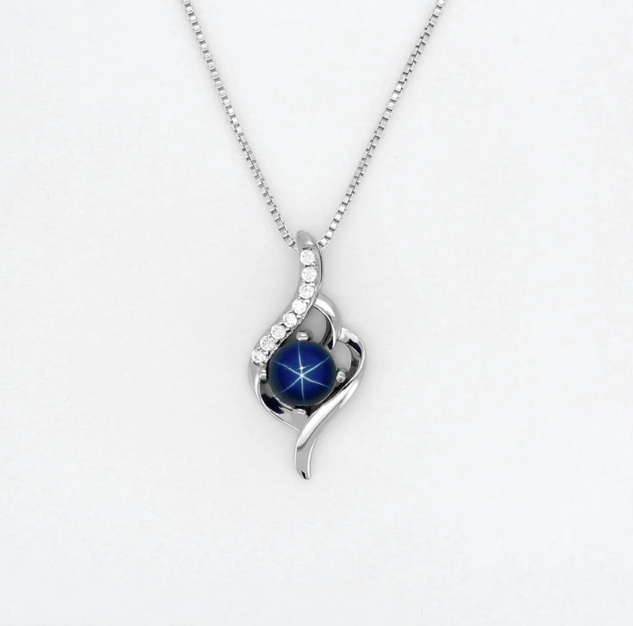 Unique Round Blue Star Sapphire Necklace 925 Silver Zircon Pendant Necklace Gift