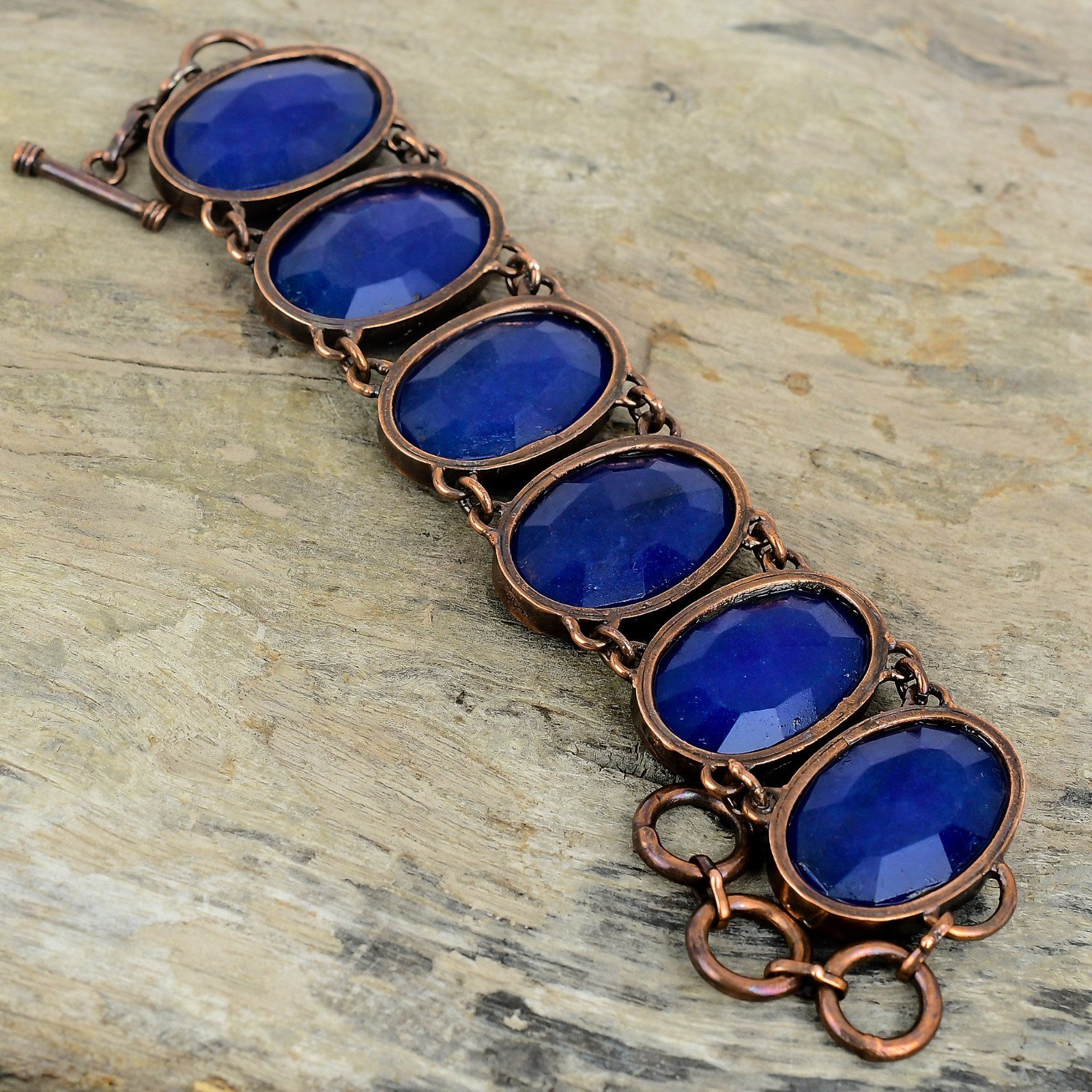 Copper Blue Saphire Stone New Chain Wedding Electroformed Bezel Bracelet Jewelry