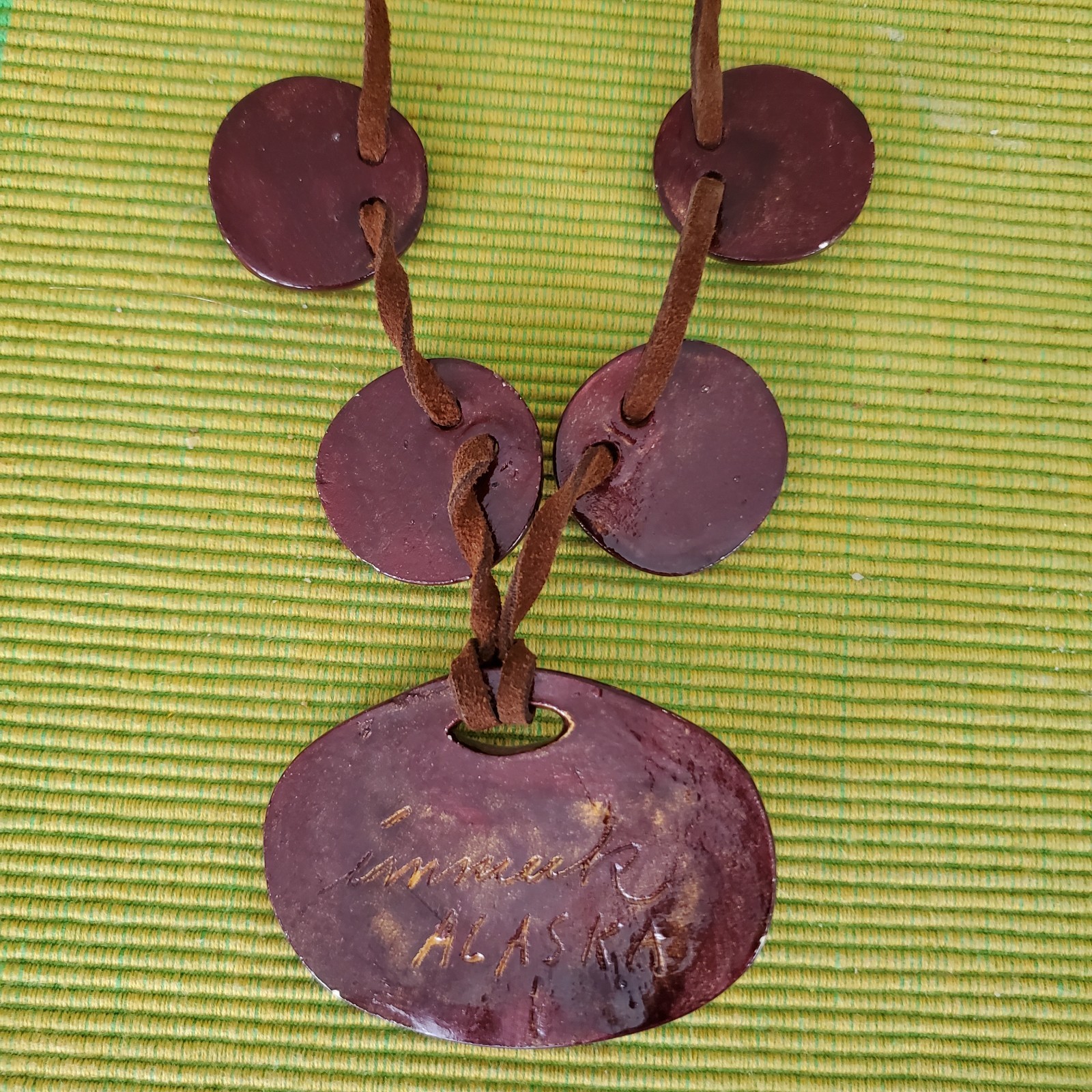 Imnuk Signed Owl Alaska Necklace Art Handcraft Ceramic Bead Leather Cord Vintage