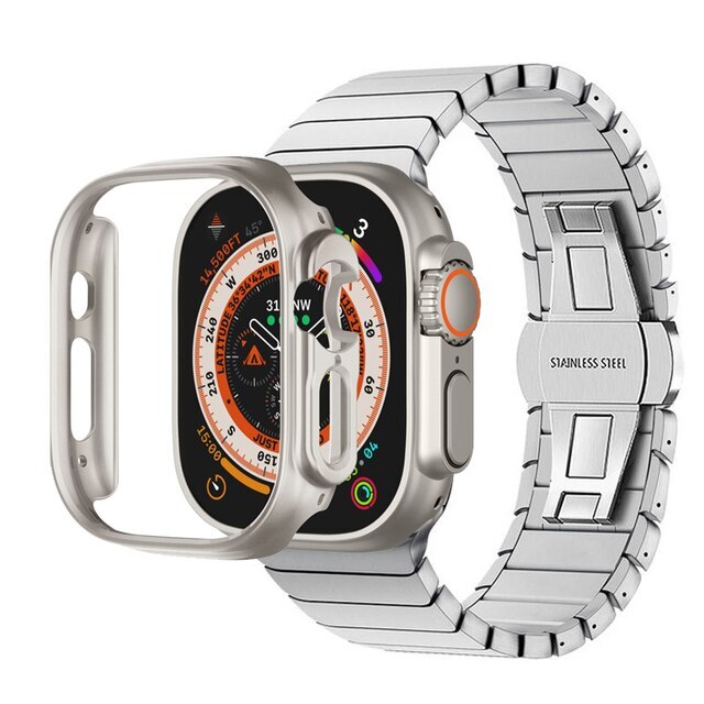 For Apple Watch Ultra 1/2 49mm Metal Strap + Case Stainless Steel Band PC Bumper