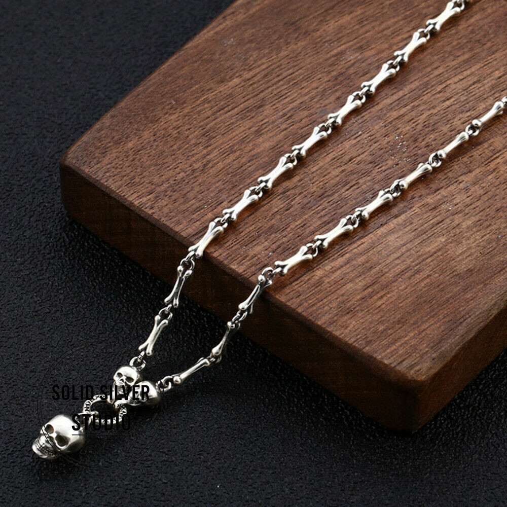 Authentic Solid S925 Sterling Silver Skull Bone Joining Necklace Pendant Chain